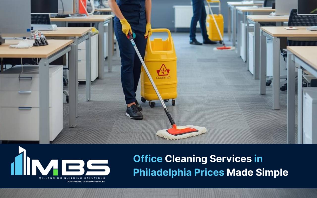 Overview of office cleaning services in Philadelphia prices with a cleaner working in an open-plan workspace