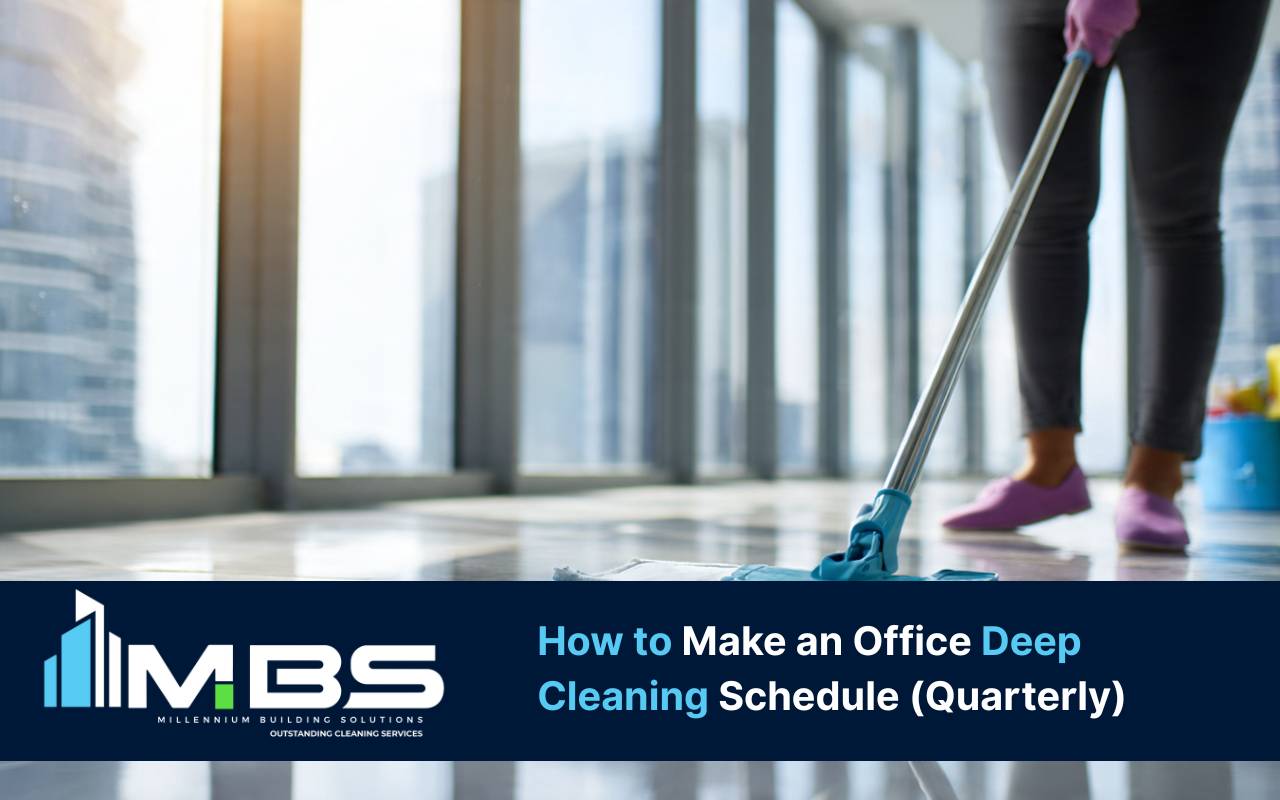 Professional conducting air vent cleaning as a key step in an office deep cleaning schedule
