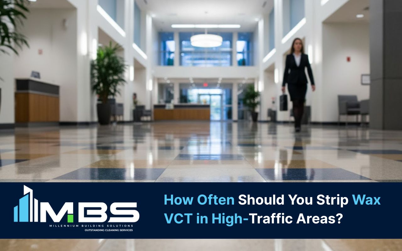 High-traffic lobby showing ideal VCT Strip and Wax Frequency for lasting gloss