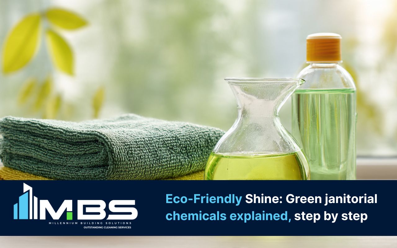 Green janitorial chemicals explained with microfiber cloths for low-waste office cleaning