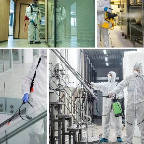 Professional commercial disinfection services cleaning an office workspace