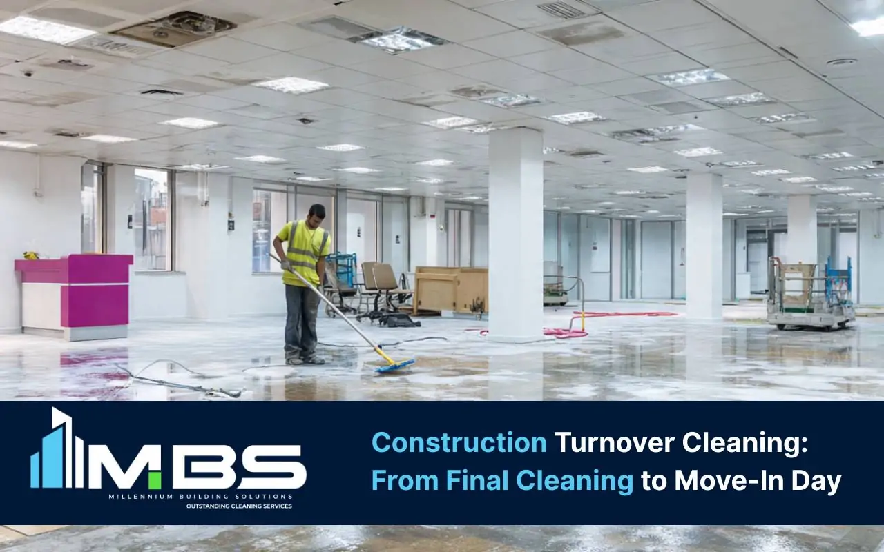 Construction turnover cleaning team completing a final handover walkthrough in a new commercial building