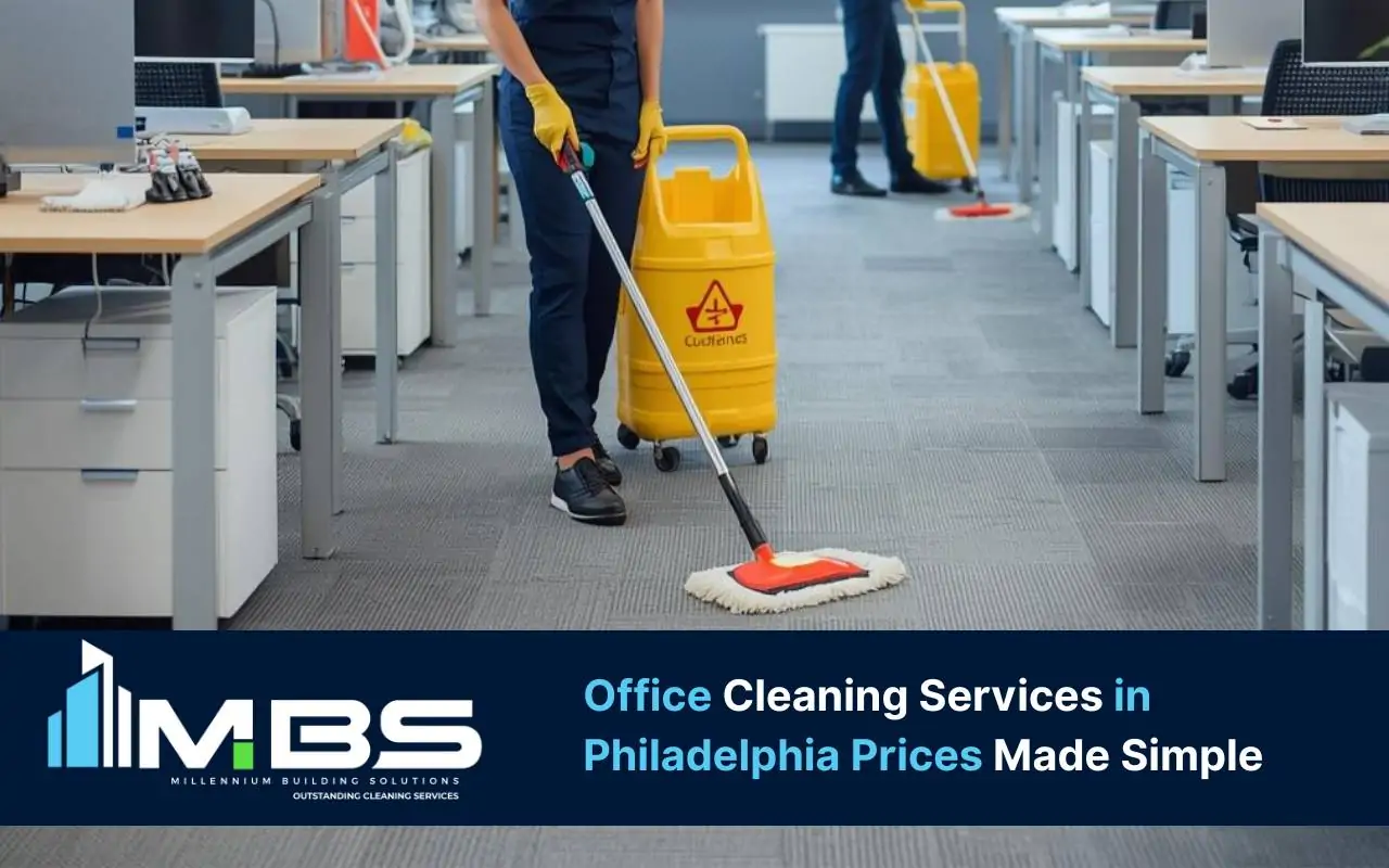 Overview of office cleaning services in Philadelphia prices with a cleaner working in an open-plan workspace