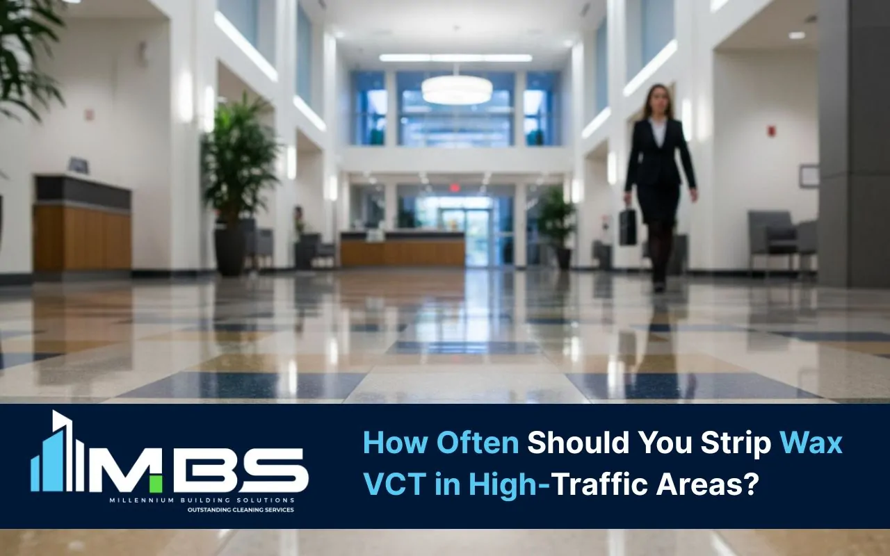 High-traffic lobby showing ideal VCT Strip and Wax Frequency for lasting gloss