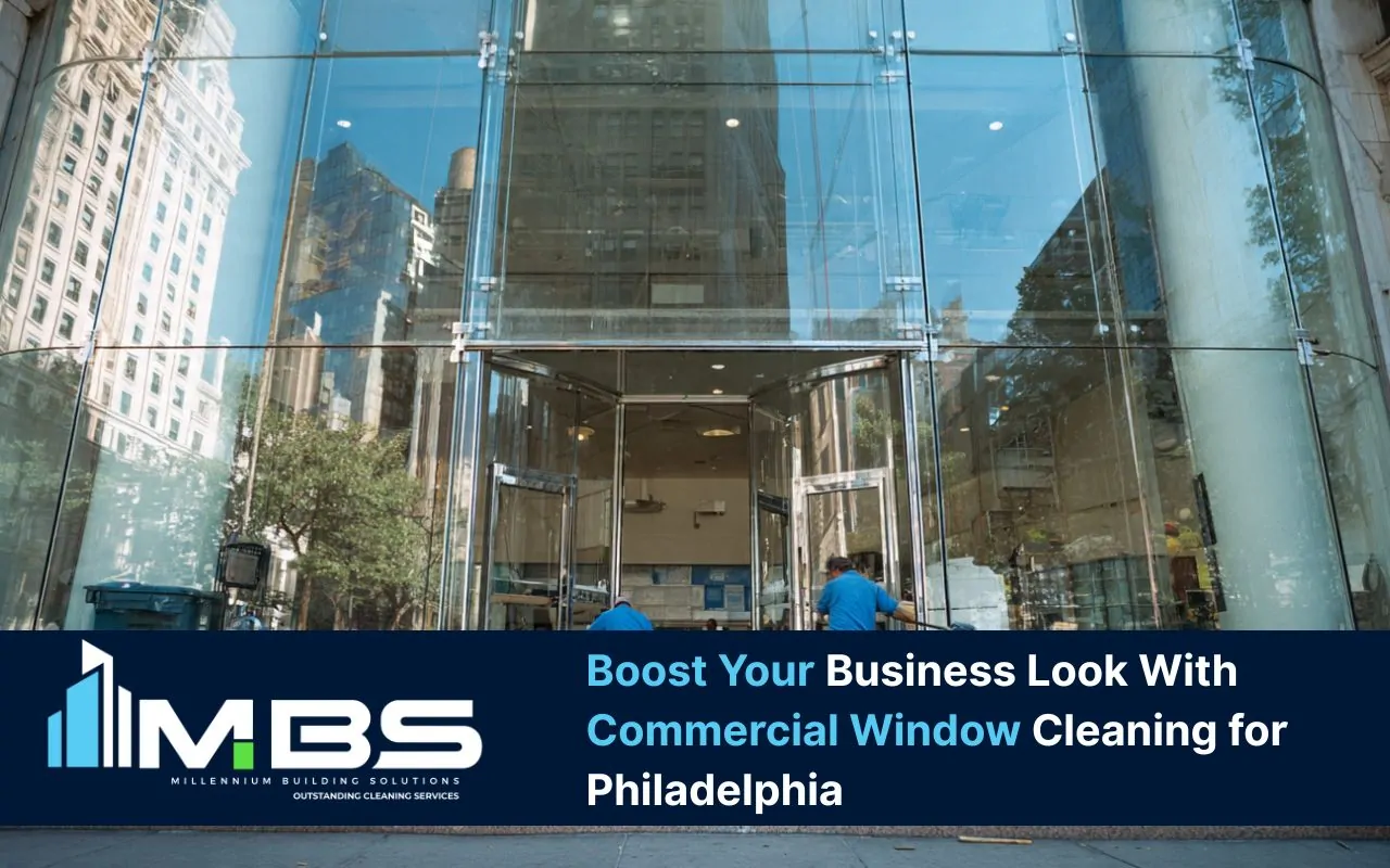 Commercial window cleaning for Philadelphia for clear storefront windows at a busy business entrance.