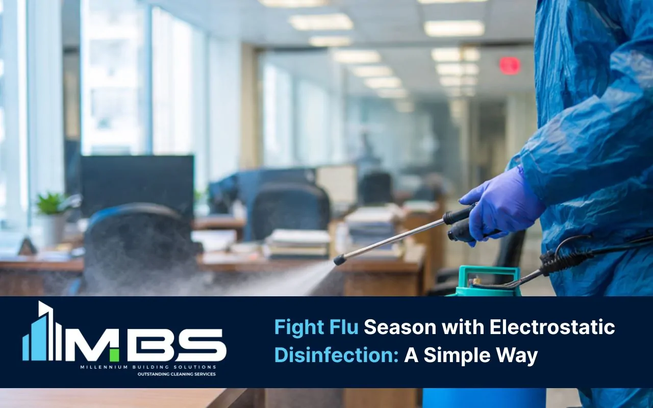 Electrostatic disinfection flu season service spraying high-touch points in an office
